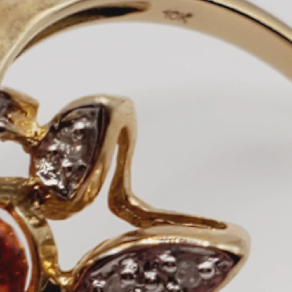 10k Solid Yellow Gold Genuine Spessartite Mandarin Garnet & Diamond Flower Ring